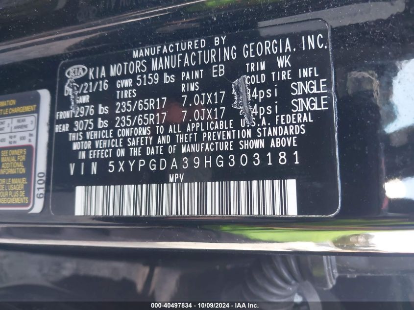 2017 KIA SORENTO 2.4L LX - 5XYPGDA39HG303181