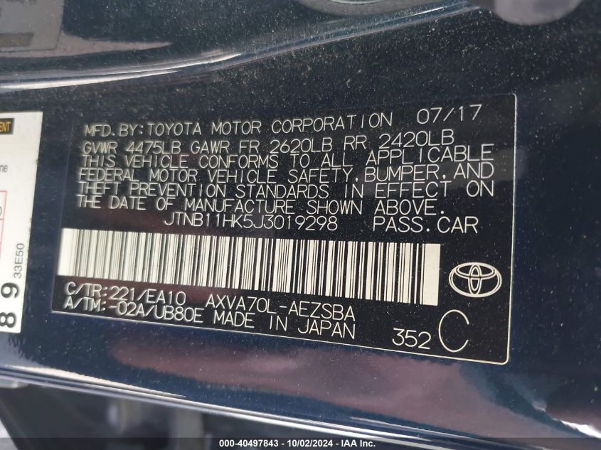 JTNB11HK5J3019298 2018 Toyota Camry Se