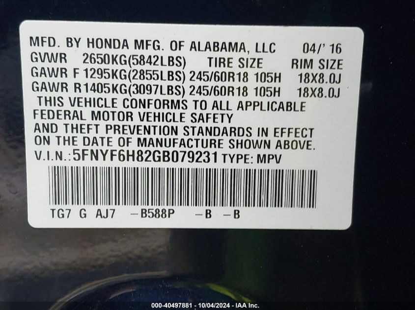 5FNYF6H82GB07923 2016 Honda Pilot Ex-L