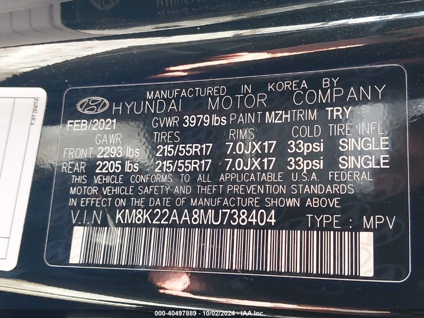 KM8K22AA8MU738404 2021 Hyundai Kona Sel