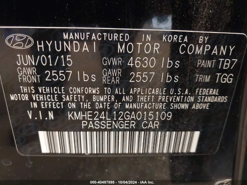 KMHE24L12GA015109 2016 Hyundai Sonata Hybrid Se