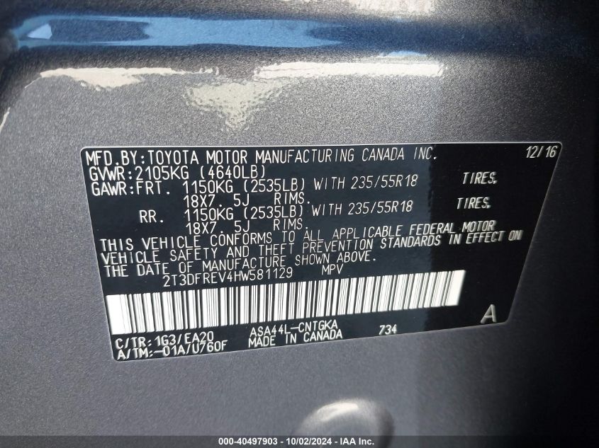 2T3DFREV4HW581129 2017 Toyota Rav4 Limited