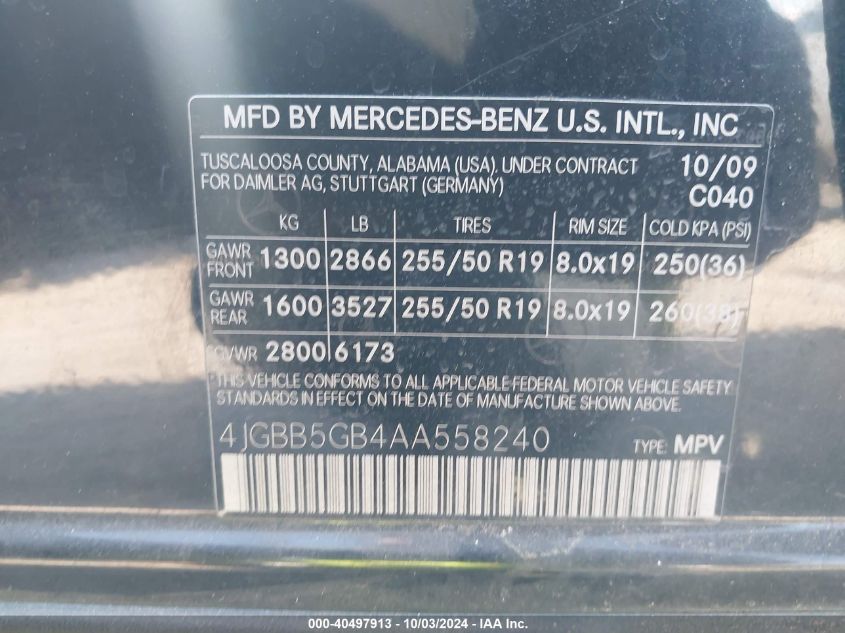 4JGBB5GB4AA558240 2010 Mercedes-Benz Ml 350