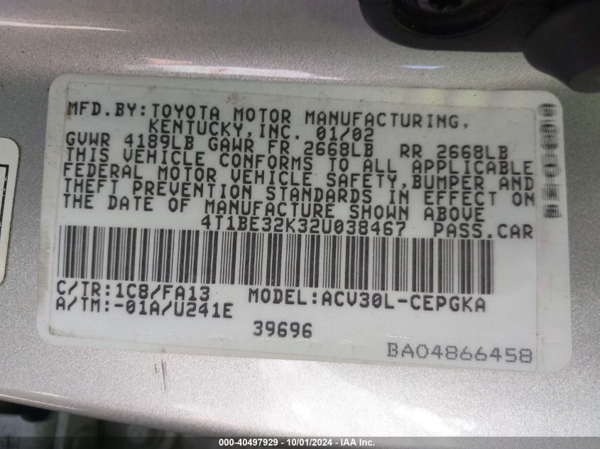 4T1BE32K32U038467 2002 Toyota Camry Xle