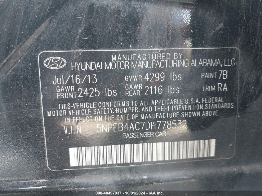 5NPEB4AC7DH778532 2013 Hyundai Sonata Gls