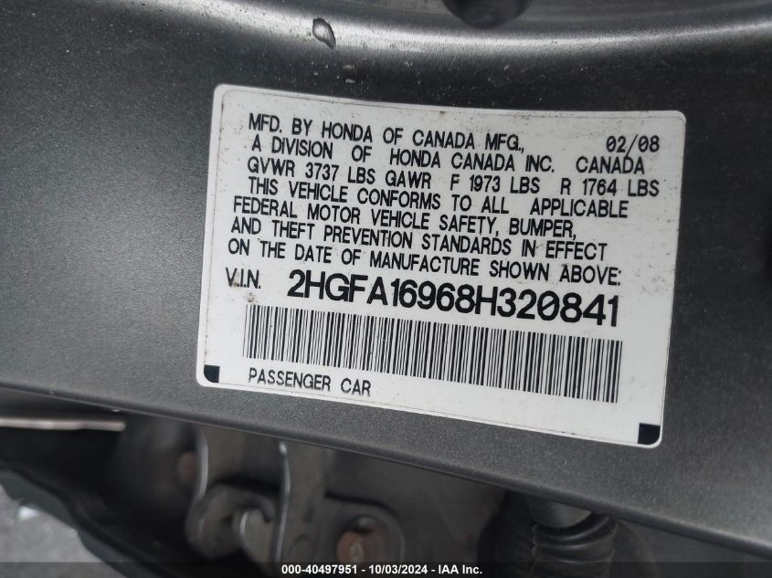 2HGFA16968H320841 2008 Honda Civic Ex-L