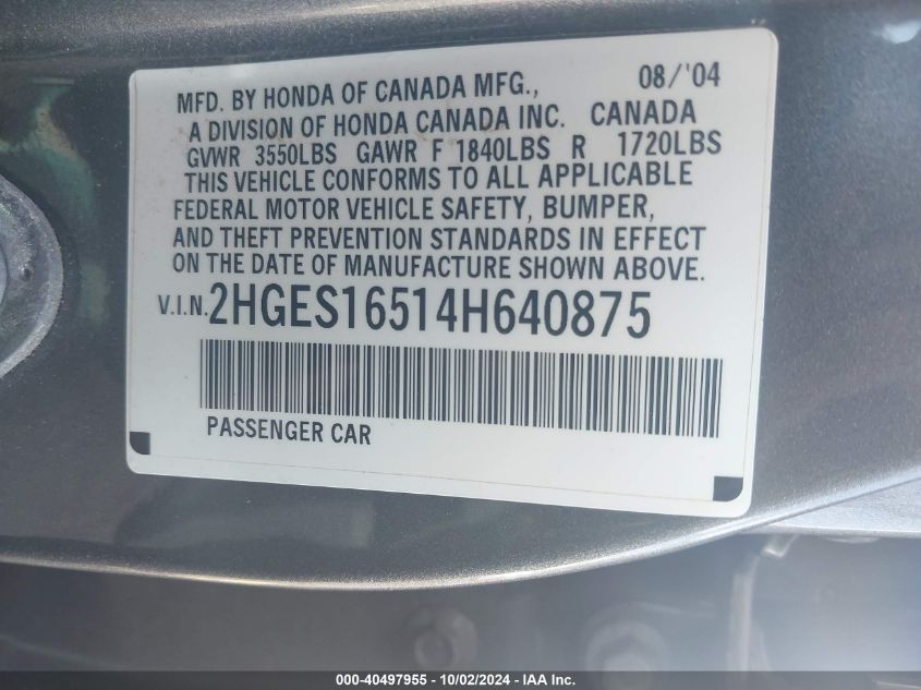 2004 Honda Civic Lx VIN: 2HGES16514H640875 Lot: 40497955