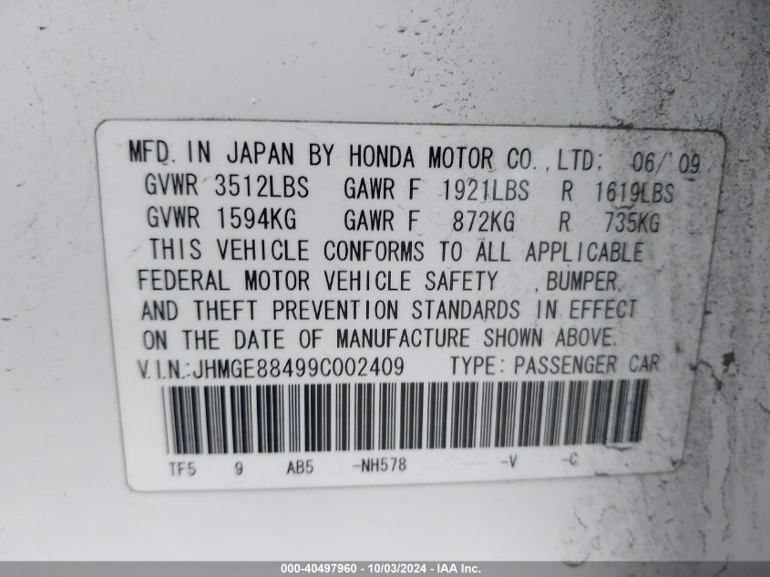 JHMGE88499C002409 2009 Honda Fit Sport