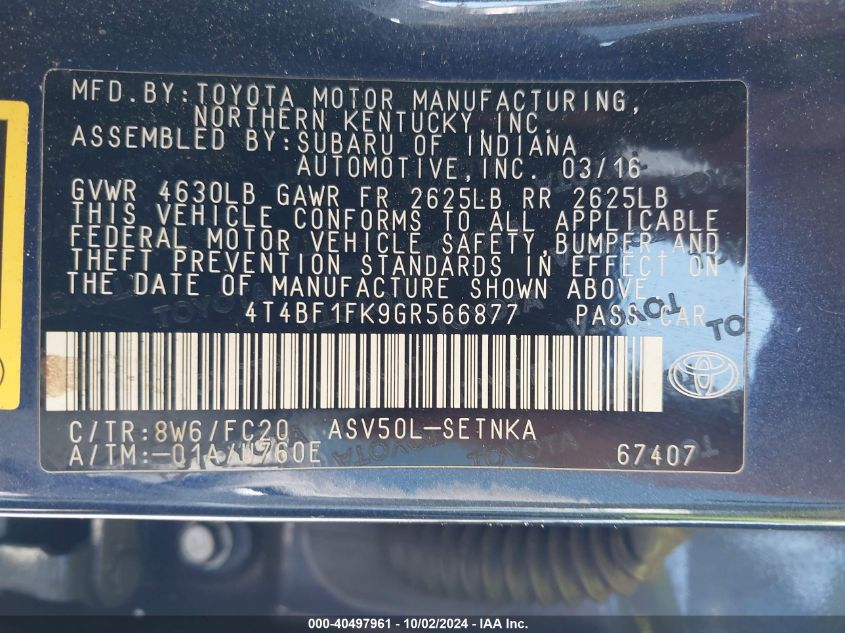 4T4BF1FK9GR566877 2016 Toyota Camry Le