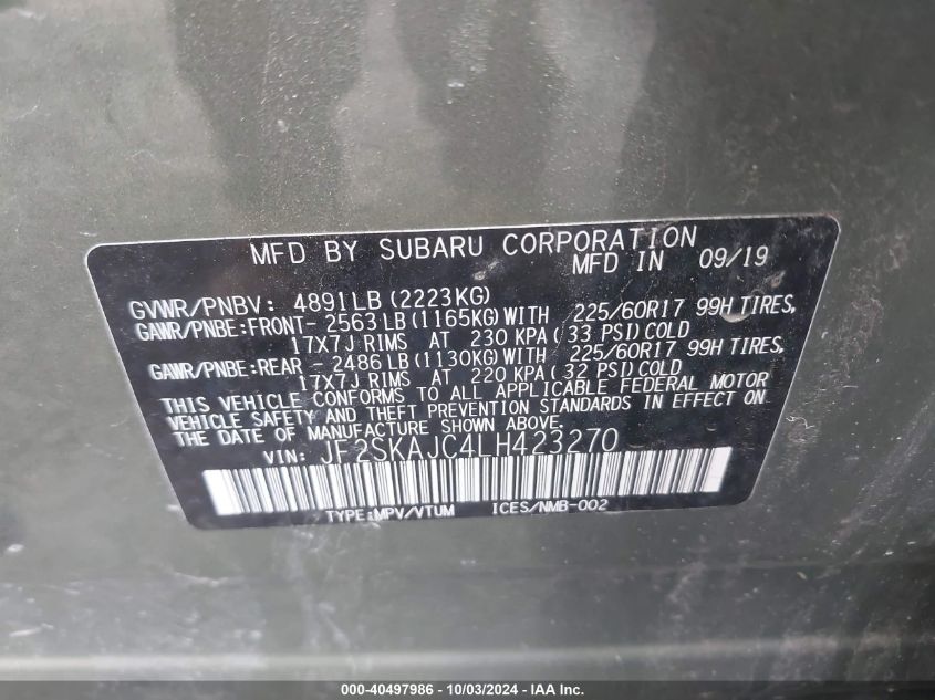 2020 Subaru Forester Premium VIN: JF2SKAJC4LH423270 Lot: 40497986