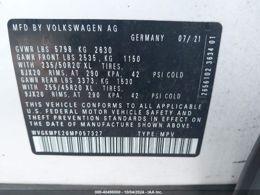 2021 Volkswagen Id.4 Pro S VIN: WVGKMPE26MP057327 Lot: 40498000