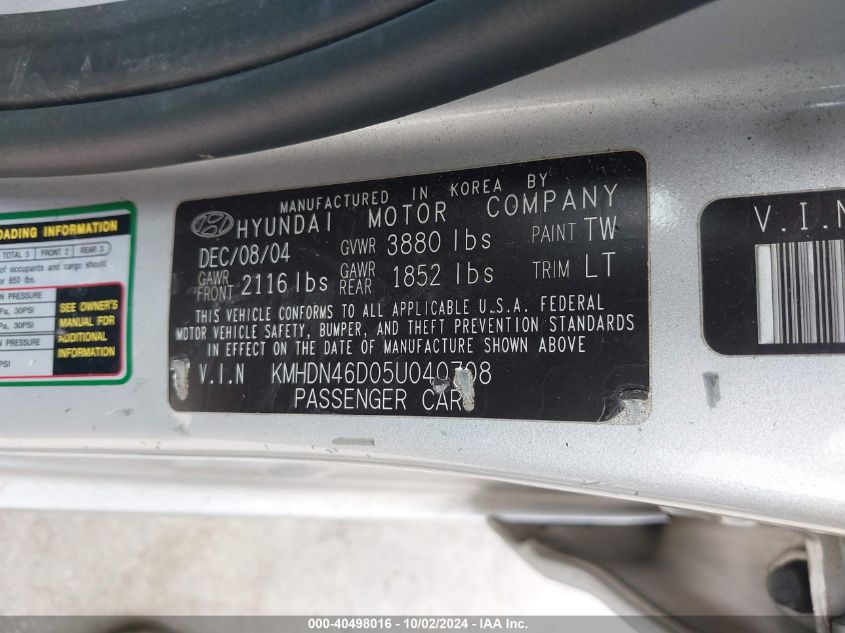 KMHDN46D05U040708 2005 Hyundai Elantra Gls/Gt