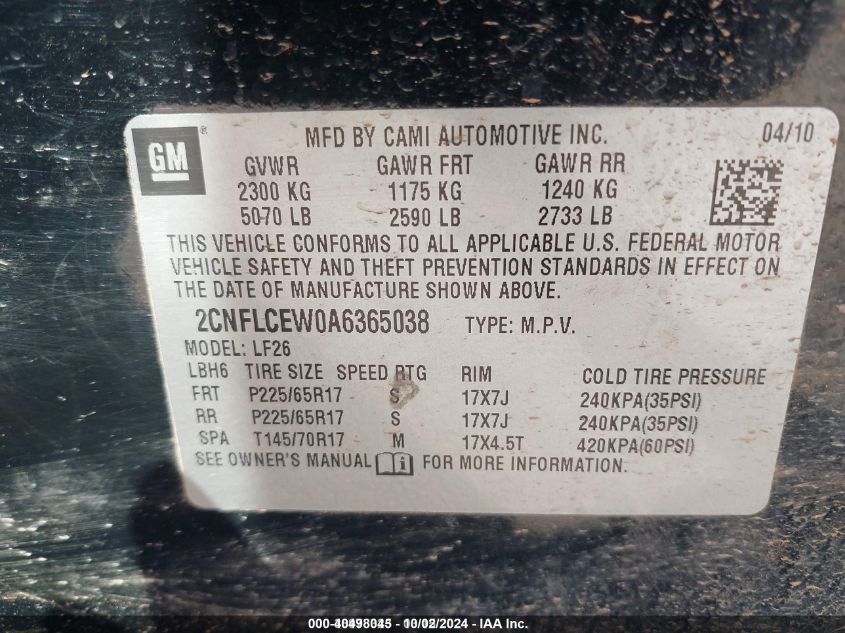 2CNFLCEW0A6365038 2010 Chevrolet Equinox Ls