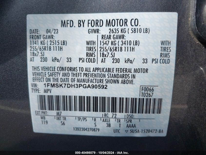 1FMSK7DH3PGA90592 2023 Ford Explorer Xlt