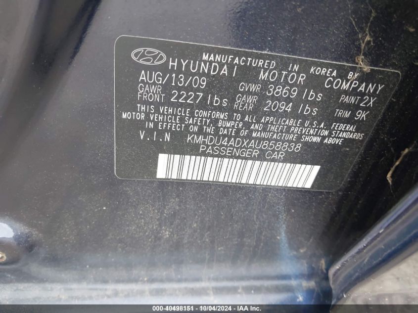 KMHDU4ADXAU858838 2010 Hyundai Elantra Gls