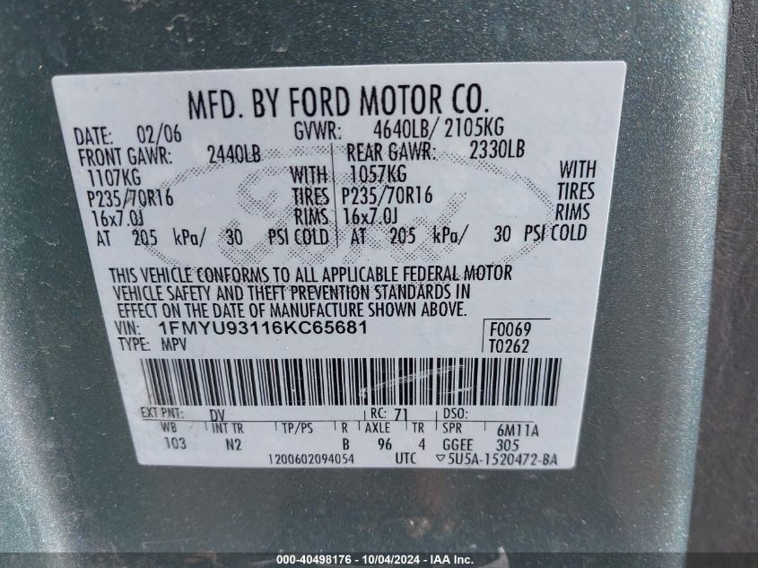 1FMYU93116KC65681 2006 Ford Escape Xlt/Xlt Sport