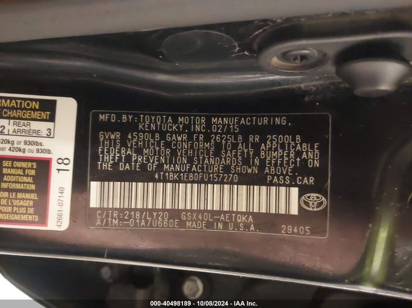 4T1BK1EB0FU157270 2015 Toyota Avalon Xle/Premium/Touring/Ltd