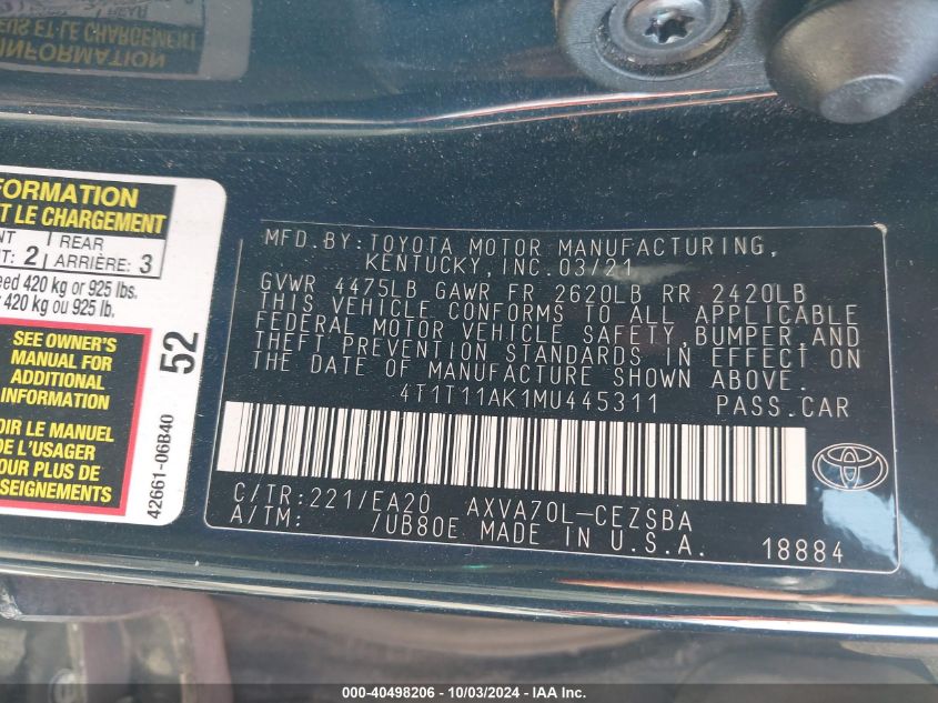 4T1T11AK1MU445311 2021 Toyota Camry Se