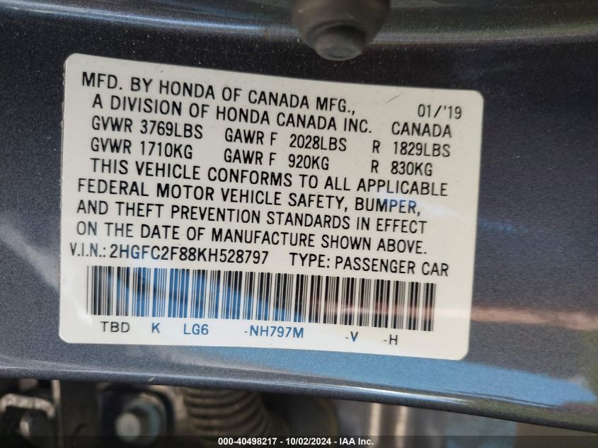 2HGFC2F88KH528797 2019 Honda Civic Sport