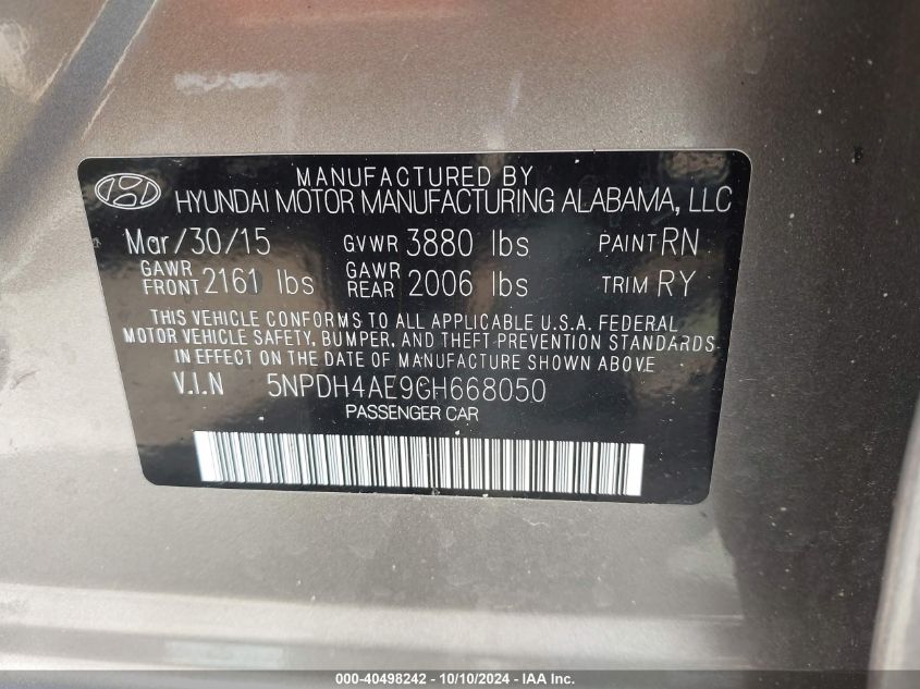 5NPDH4AE9GH668050 2016 Hyundai Elantra Value Edition