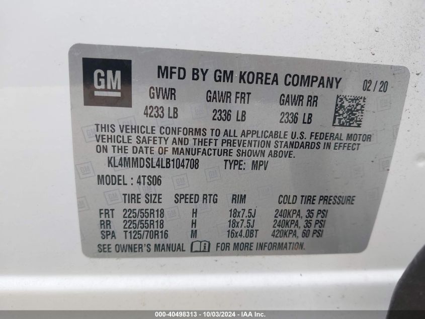 KL4MMDSL4LB104708 2020 Buick Encore Gx Fwd Select