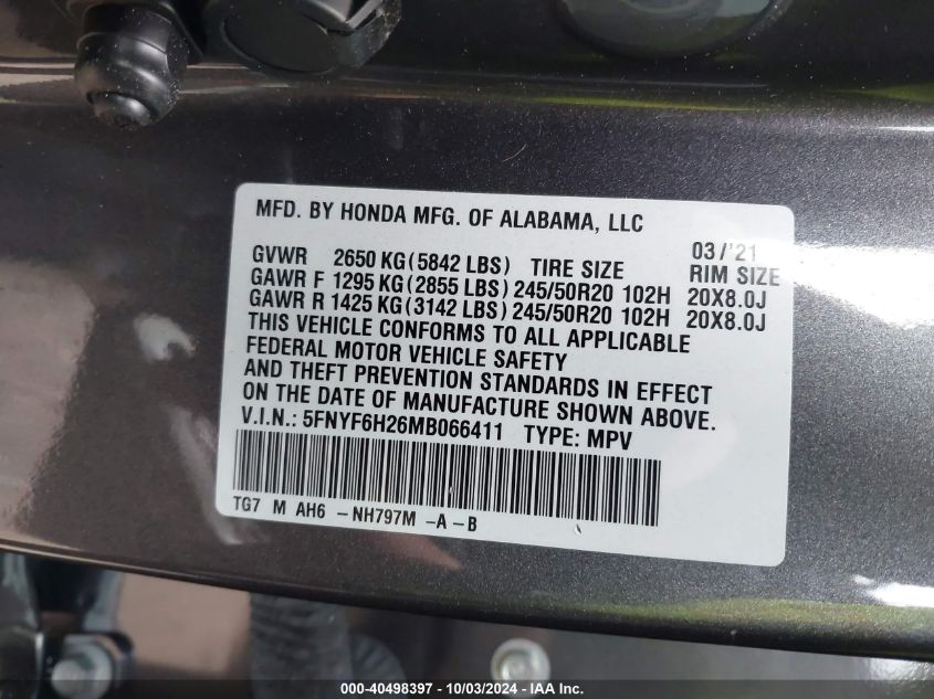 5FNYF6H26MB066411 2021 Honda Pilot Awd Special Edition