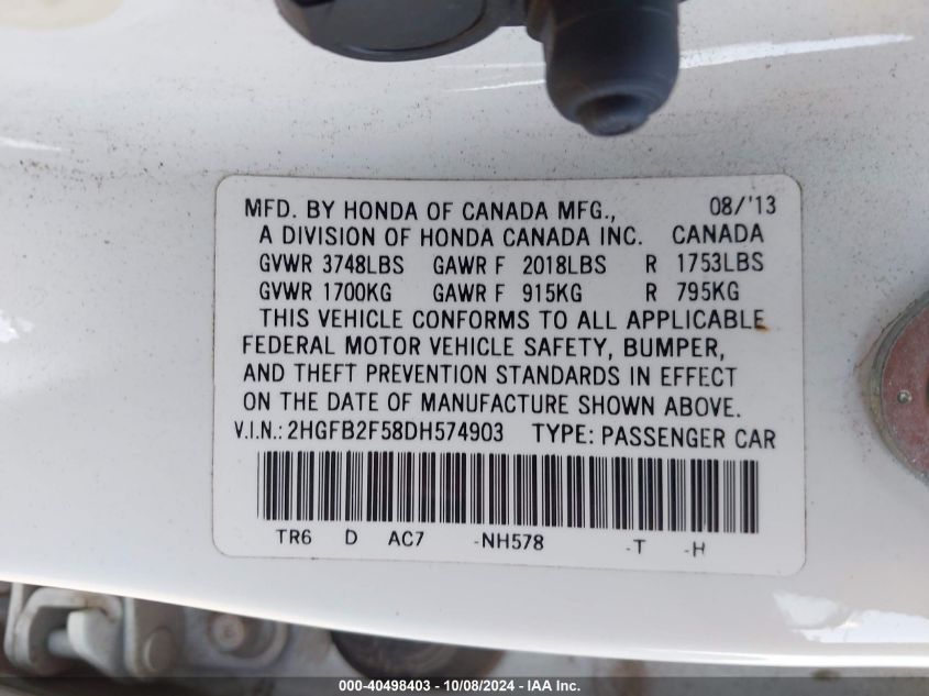 2HGFB2F58DH574903 2013 Honda Civic Lx