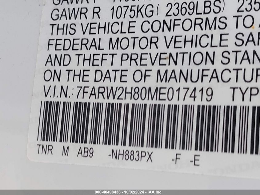 2021 Honda Cr-V Awd Ex-L VIN: 7FARW2H80ME017419 Lot: 40498435