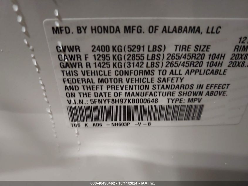 2019 Honda Passport Touring VIN: 5FNYF8H97KB000648 Lot: 40498462