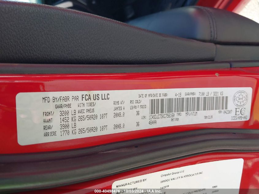 1C4SDJCT5KC756160 2019 Dodge Durango R/T