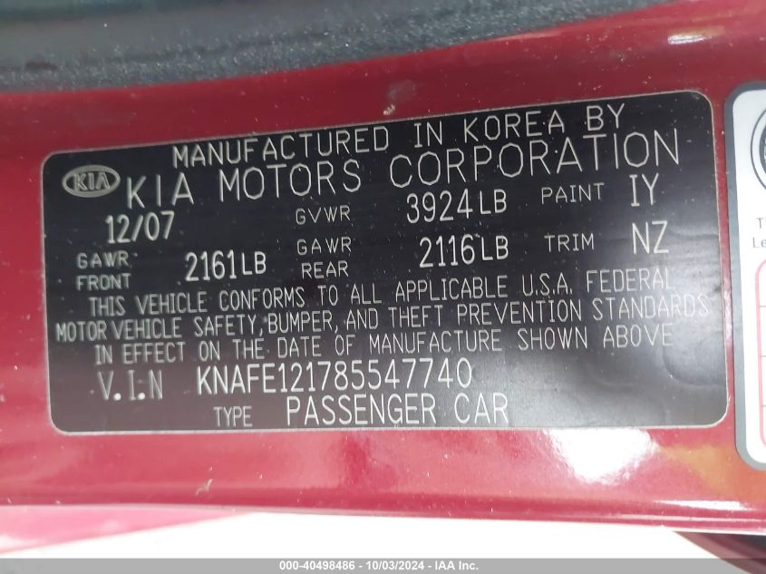 KNAFE121785547740 2008 Kia Spectra Ex