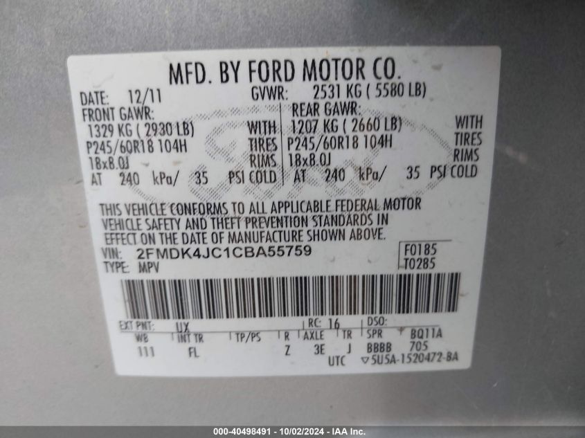 2FMDK4JC1CBA55759 2012 Ford Edge Sel