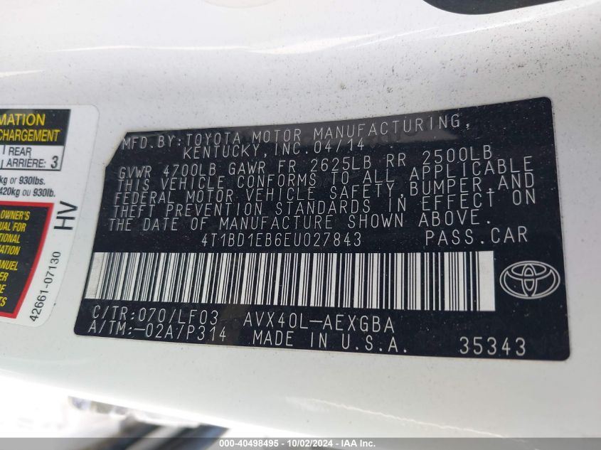 4T1BD1EB6EU027843 2014 Toyota Avalon Hybrid Xle Premium