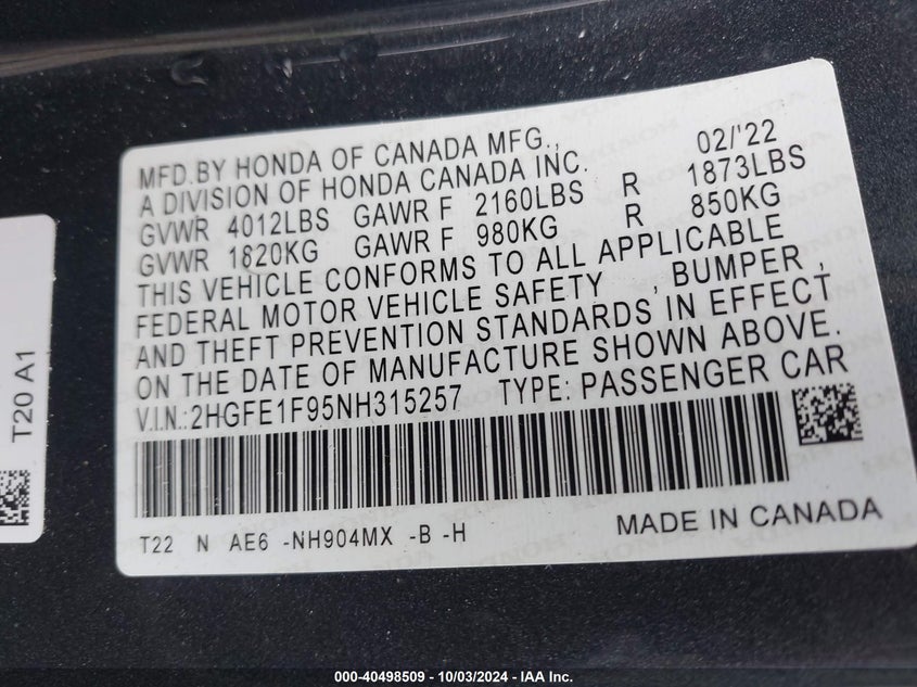 VIN 2HGFE1F95NH315257 2022 HONDA CIVIC TOURING