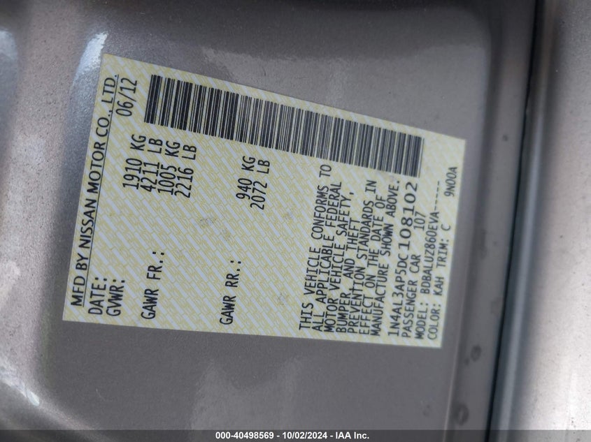 1N4AL3AP5DC108102 2013 Nissan Altima 2.5 Sv