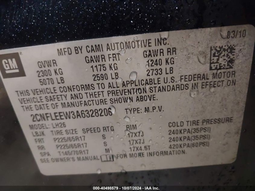 2CNFLEEW3A6328206 2010 Chevrolet Equinox Lt