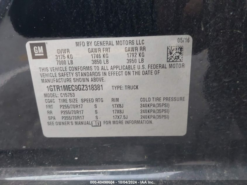 1GTR1MEC9GZ318381 2016 GMC Sierra 1500 Sle