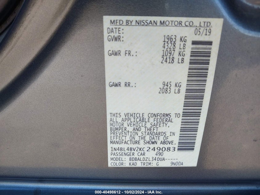1N4BL4BV2KC249083 2019 Nissan Altima 2.5 S