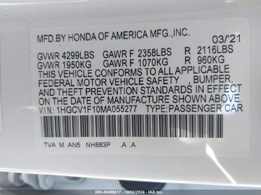 2021 Honda Accord Lx VIN: 1HGCV1F10MA055277 Lot: 40498617