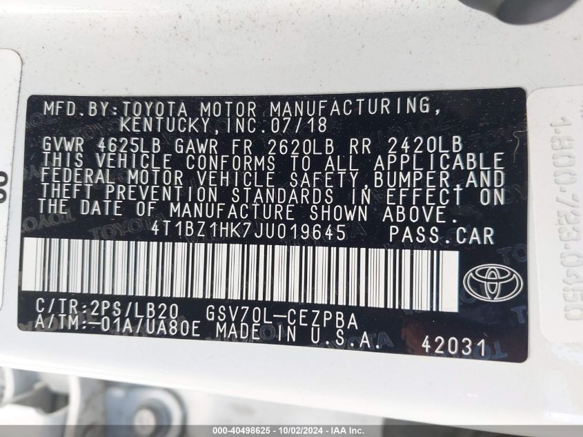 4T1BZ1HK7JU019645 2018 Toyota Camry Xse V6