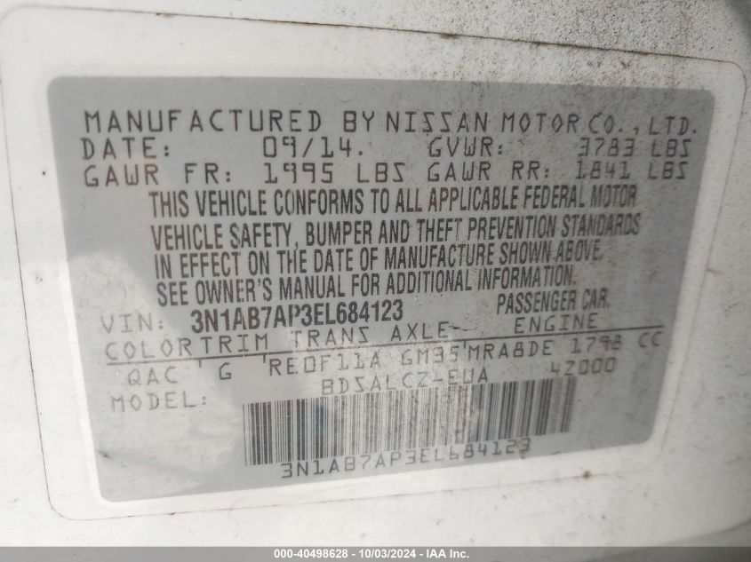 3N1AB7AP3EL684123 2014 Nissan Sentra S