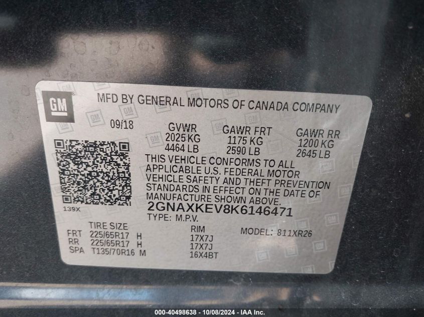 2GNAXKEV8K6146471 2019 Chevrolet Equinox Lt