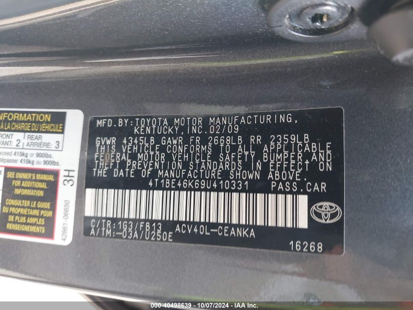 4T1BE46K69U410331 2009 Toyota Camry Le