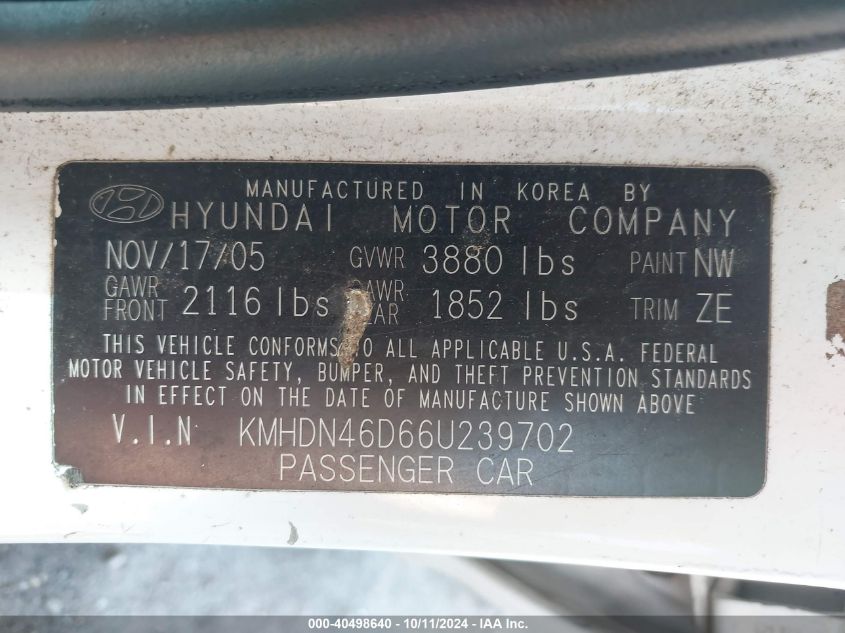 KMHDN46D66U239702 2006 Hyundai Elantra Gls/Gt/Limited