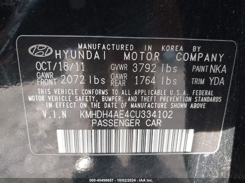 2012 Hyundai Elantra Gls (Ulsan Plant) VIN: KMHDH4AE4CU334102 Lot: 40498657