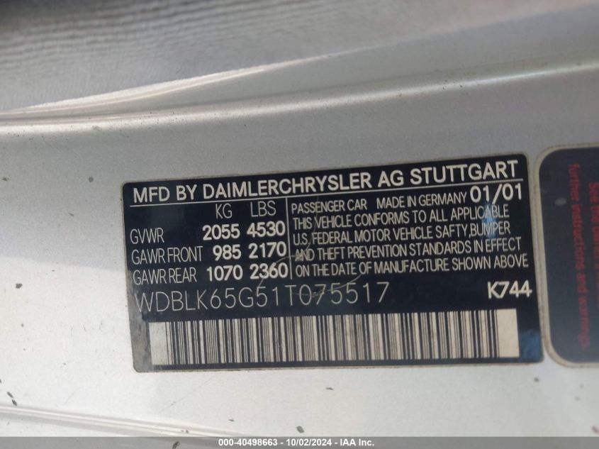 WDBLK65G51T075517 2001 Mercedes-Benz Clk 320