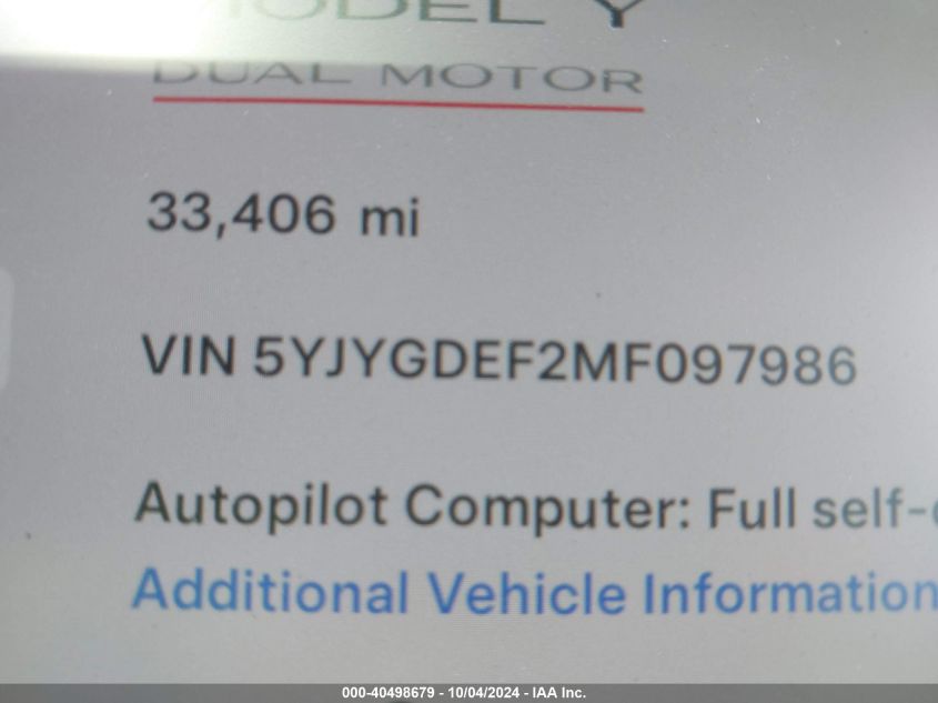 2021 Tesla Model Y Performance Dual Motor All-Wheel Drive VIN: 5YJYGDEF2MF097986 Lot: 40498679