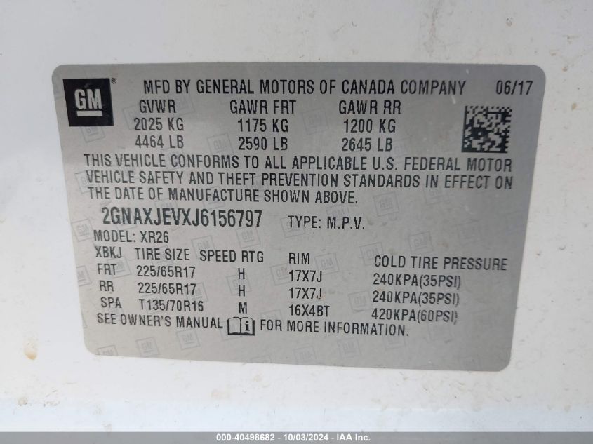 2GNAXJEVXJ6156797 2018 Chevrolet Equinox Lt