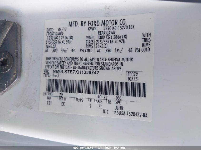 NM0LS7E7XH1338742 2017 Ford Transit Connect Xl