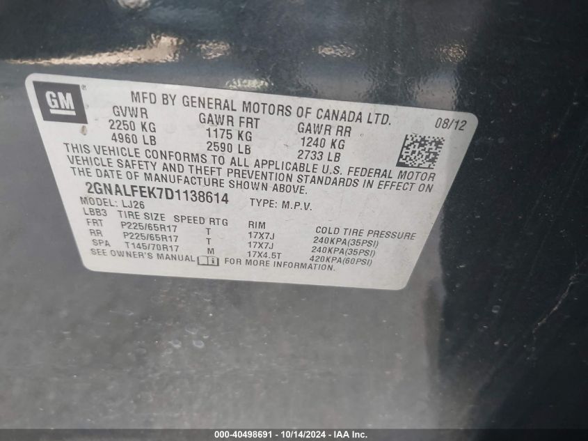 2013 Chevrolet Equinox Ltz VIN: 2GNALFEK7D1138614 Lot: 40498691